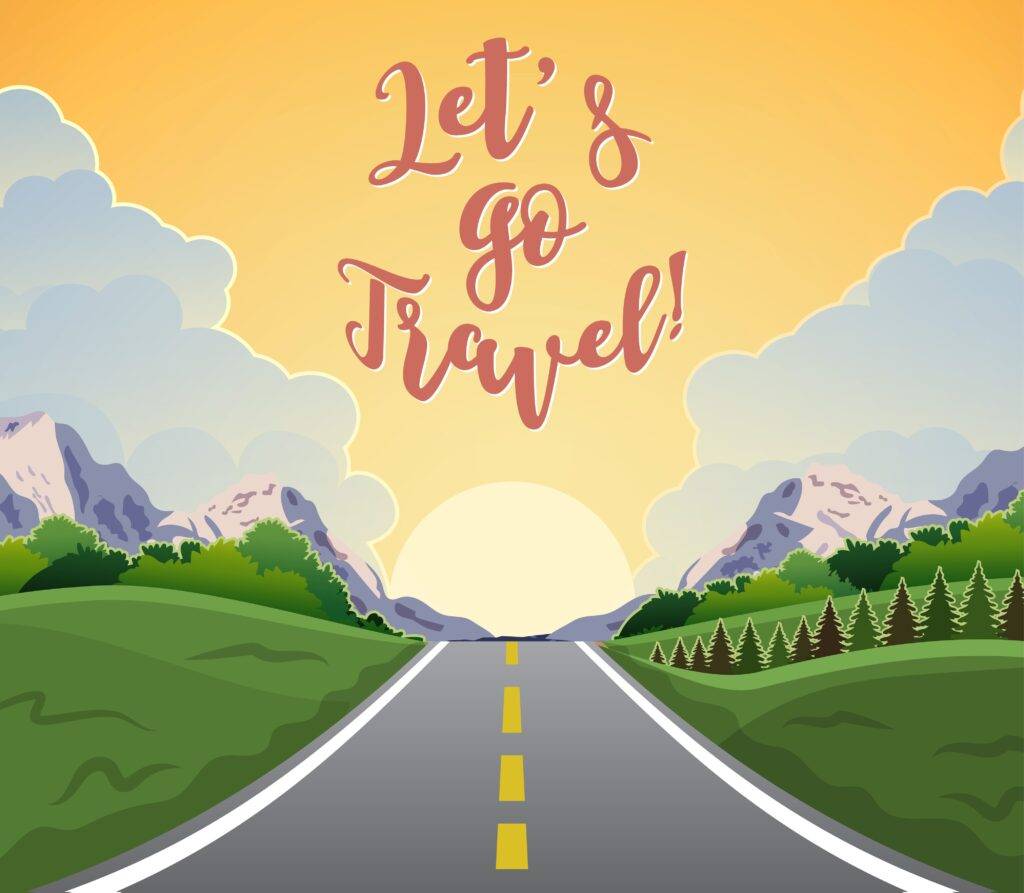 Grafik mit einer offenen Straße und dem Text „Let’s go Travel!“ zur Motivation für sicheres Reisen nach Abschluss eines WAB Kurses in Winterthur