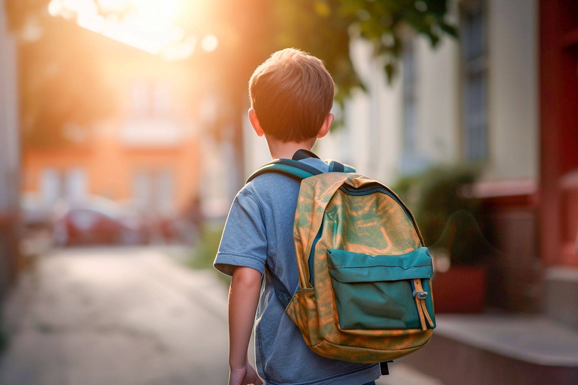 Kind mit Rucksack in einer Freiburger Nachbarschaft