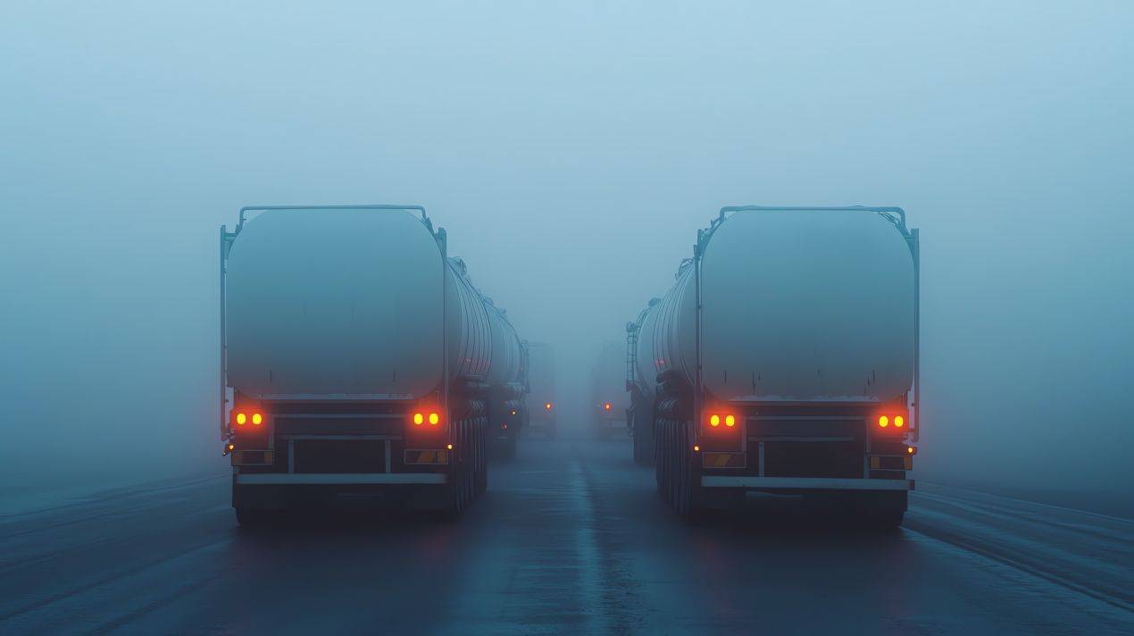 Mehrere Tanklastzüge auf einer Straße im dichten Nebel, mit eingeschalteter LKW Beleuchtung für maximale Sichtbarkeit und Verkehrssicherheit.