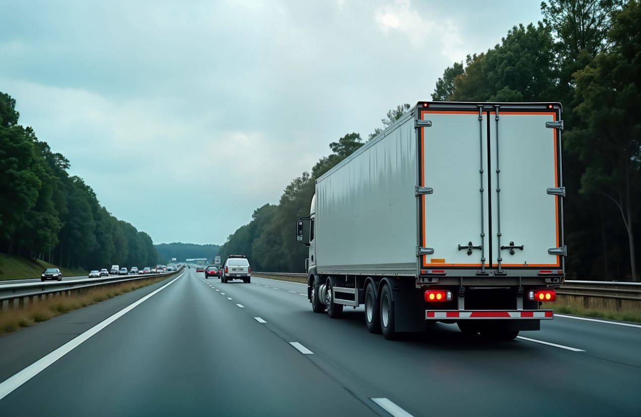 Ein weißer LKW fährt auf der Autobahn mit funktionierender LKW Beleuchtung, gut sichtbar durch reflektierende Markierungen und Rücklichter.