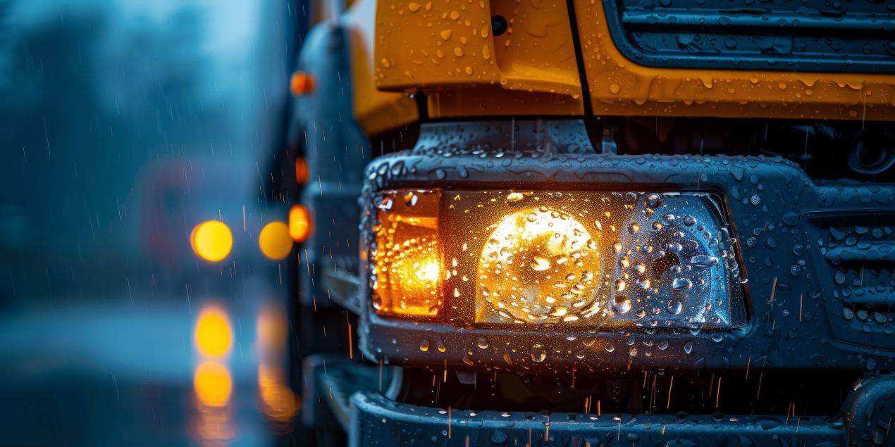 Nahaufnahme eines LKW-Scheinwerfers im Regen, beleuchtet und mit Wassertropfen bedeckt – optimale LKW Beleuchtung für sichere Fahrten bei schlechtem Wetter.